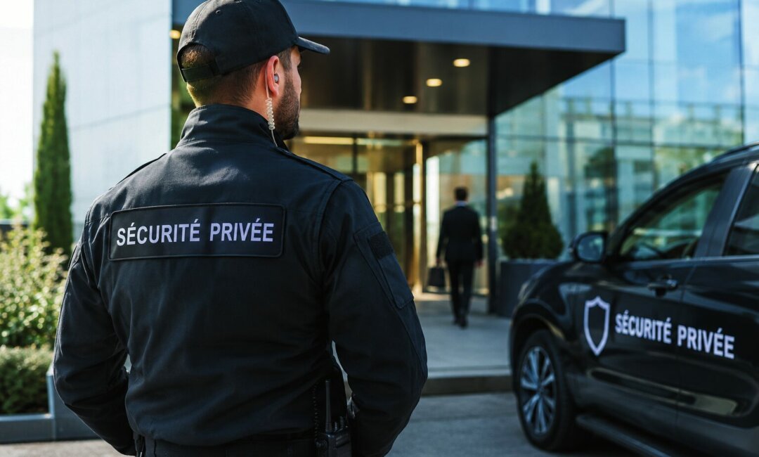 Agent de sécurité privée SIFI France SAS devant un immeuble de bureaux